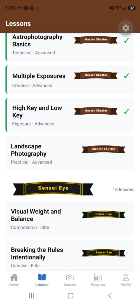PhotoSensei lessons screen